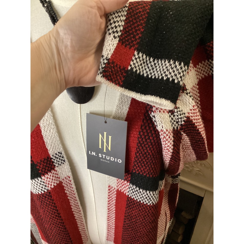 I.N. Studio Woman Red Black White Plaid Longline Cardigan Duster 1X NWT - Picture 3 of 6
